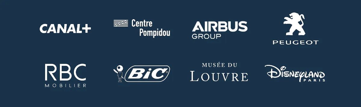 Logos clients Fluidbook avec références prestigieuses comme Canal+, Centre Pompidou, Airbus Group, Peugeot, Louvre et Disneyland Paris