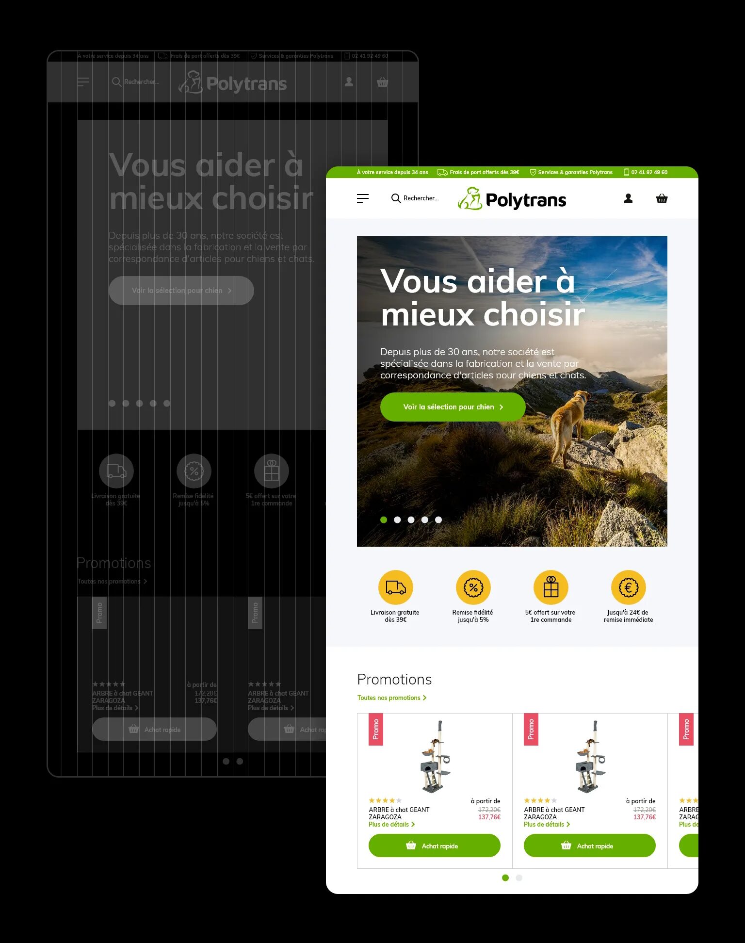 Maquette responsive du site e-commerce Polytrans, montrant l’adaptation mobile et desktop de la page d’accueil avec navigation, visuel de chien en montagne et avantages clients.