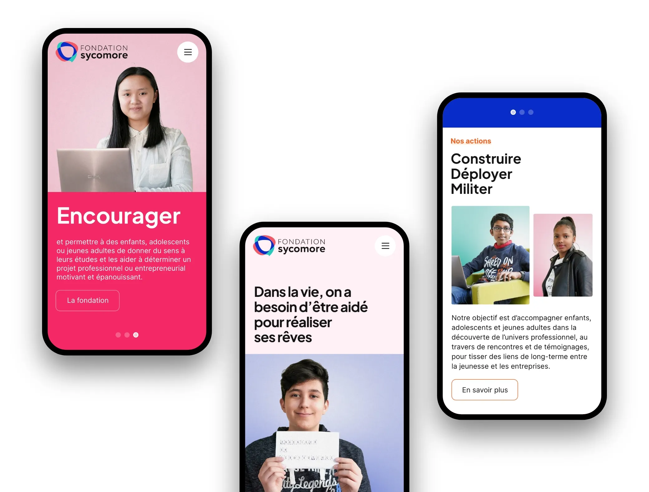 Maquettes mobiles du site Fondation Sycomore, présentant les actions de la fondation pour accompagner les jeunes dans leurs études, leur orientation et leur insertion professionnelle