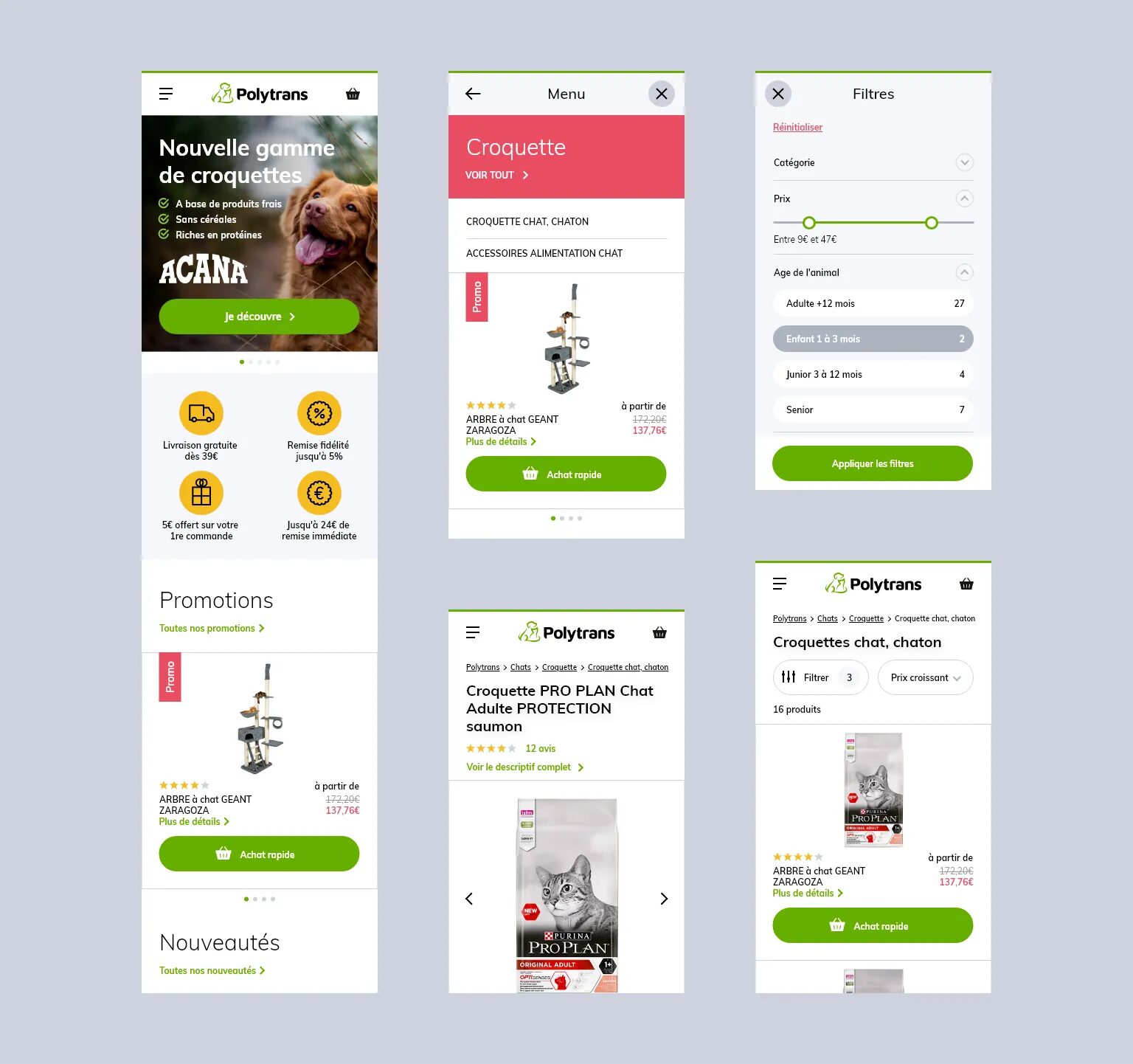 Maquettes mobiles du site e-commerce Polytrans, présentant la page d’accueil, le menu, les filtres, une fiche produit et une liste de croquettes pour chiens et chats.