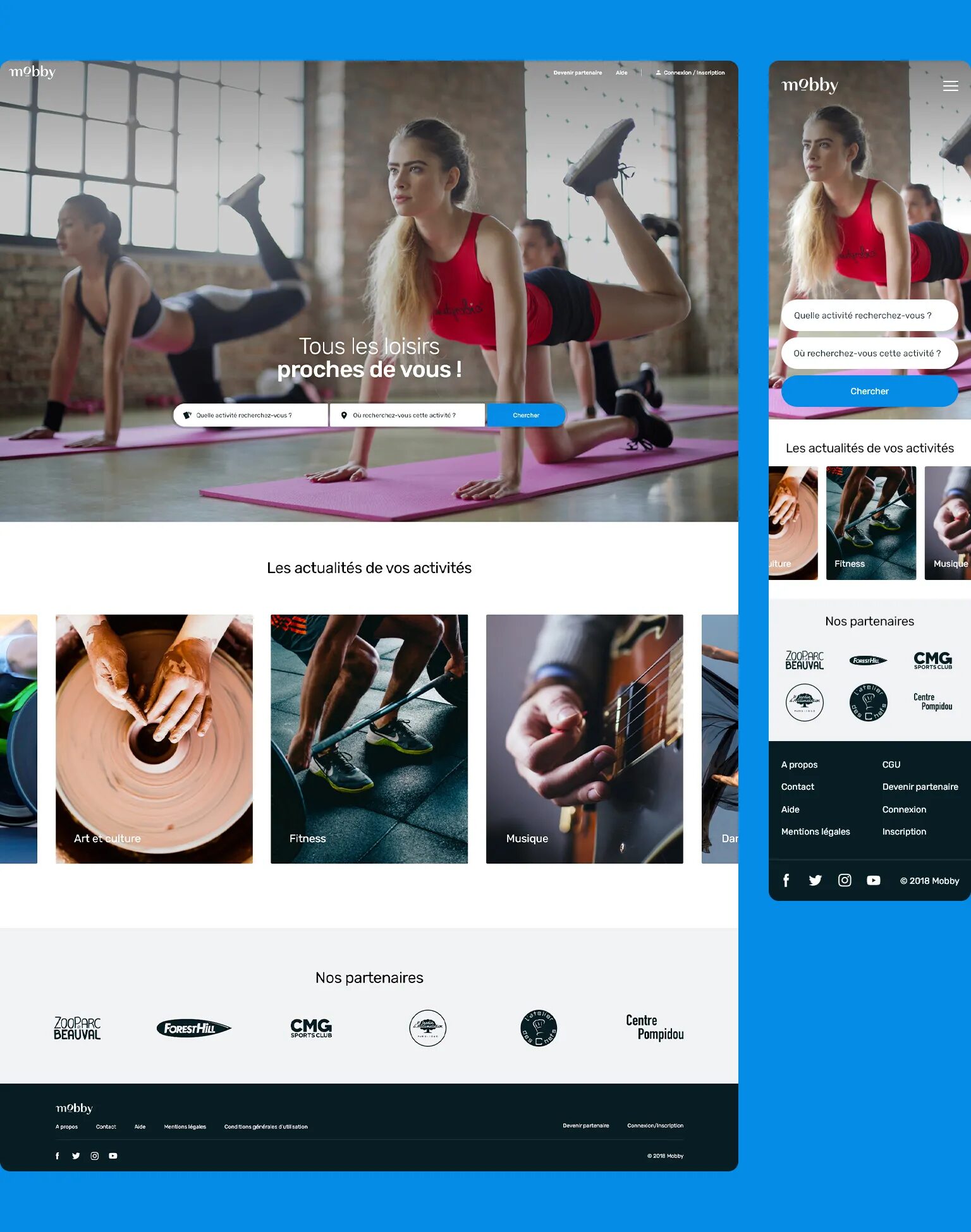 Maquettes desktop et mobile du site Mobby, moteur de recherche d’activités de loisirs, avec page d’accueil, barre de recherche, actualités, partenaires et navigation responsive