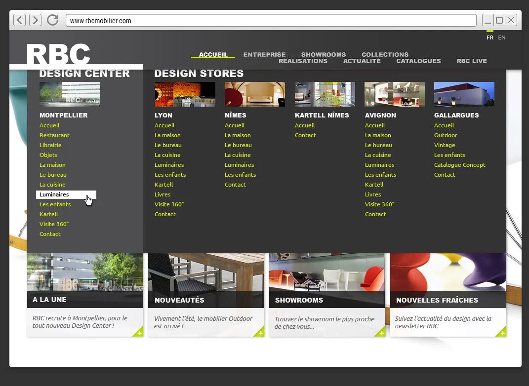 Menu déroulant du site RBC Mobilier présentant les design stores, showrooms et catégories de mobilier par ville