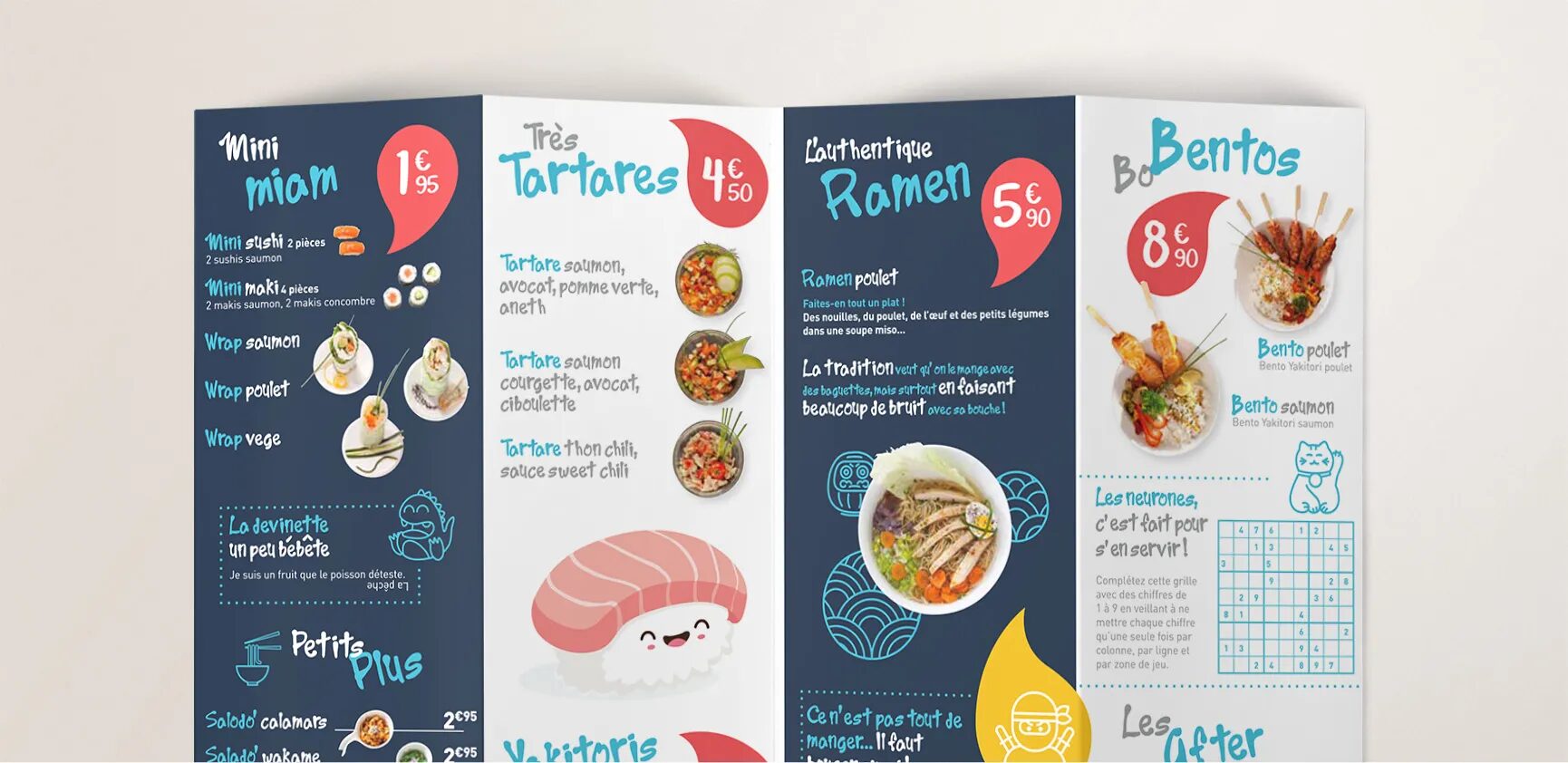 Menu Go Sushi avec offres de sushis, tartares, ramen et bentos, présenté dans une identité graphique japonaise colorée