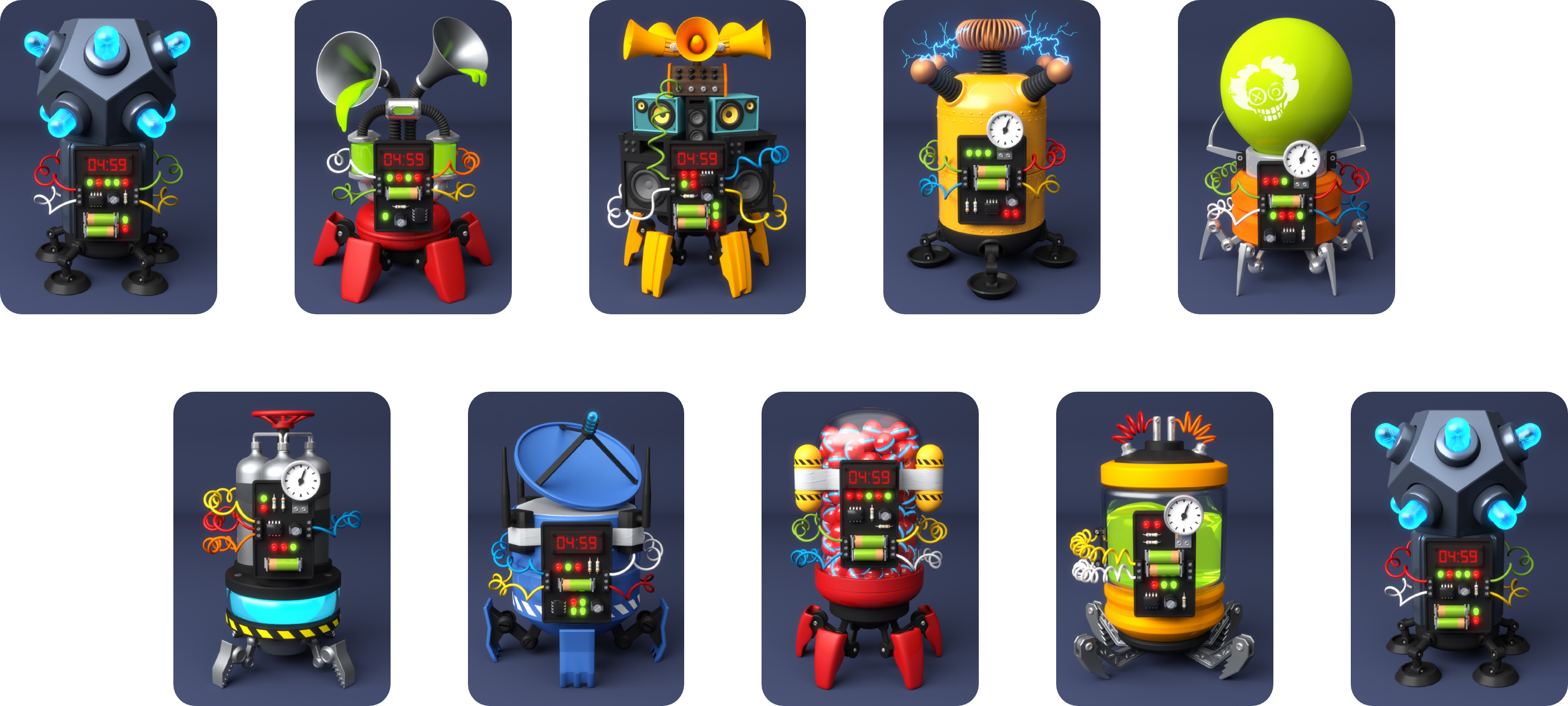 Modèles 3D des différents types de robots et boss à affronter dans STOP THE ROBOTS