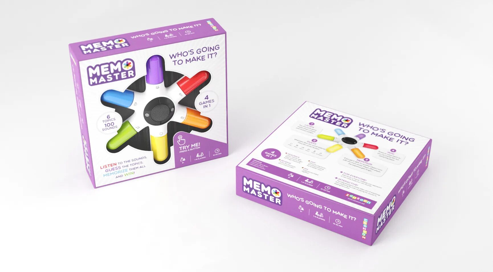 Packaging du jeu de mémoire sonore Memo Master, avec boîte violette, visuel du jouet interactif coloré et règles de jeu pour enfants.
