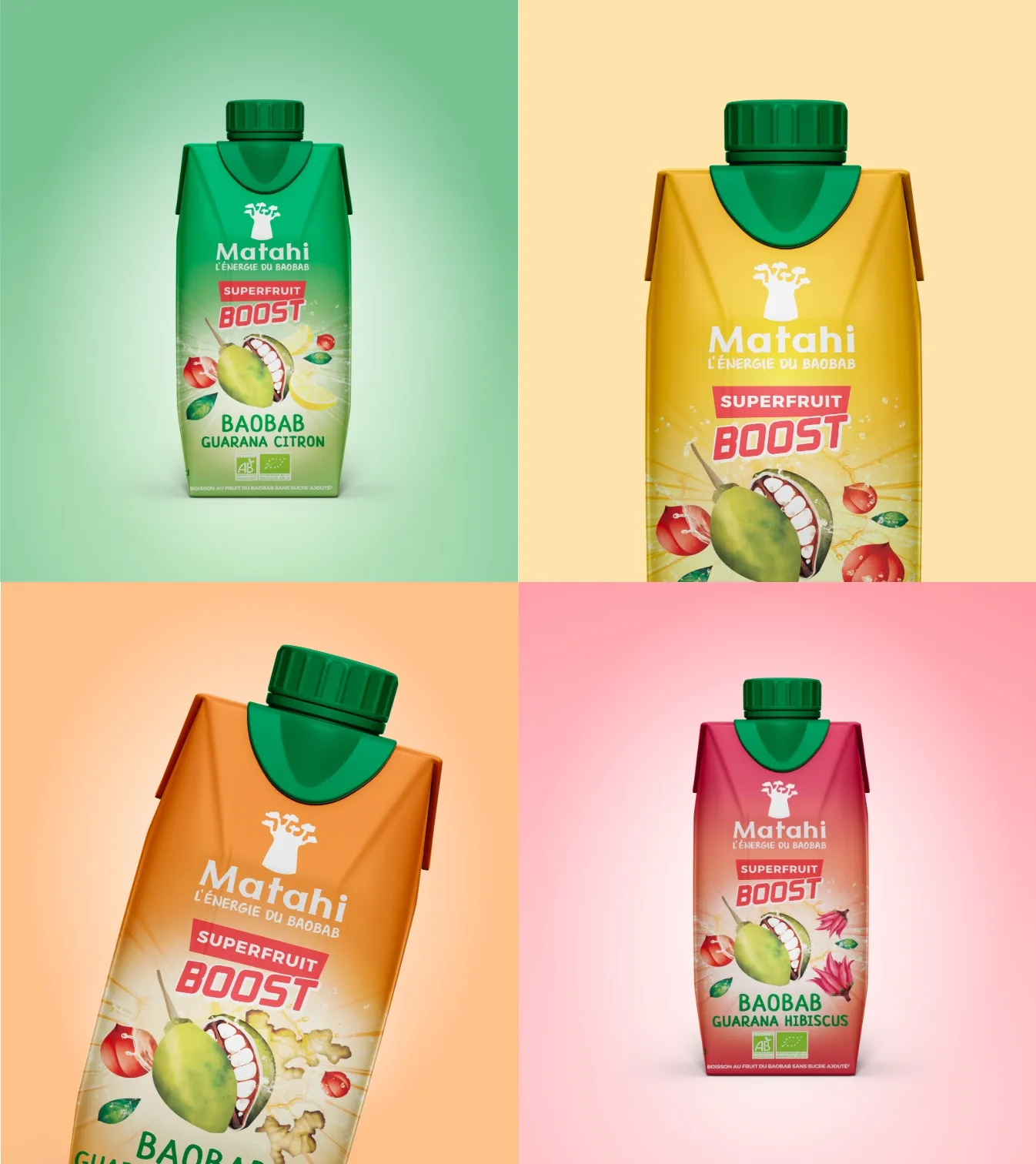 Packaging de boisson bio Matathi Superfruit Boost au baobab, décliné en saveurs guarana citron et guarana hibiscus, présenté sur fonds colorés