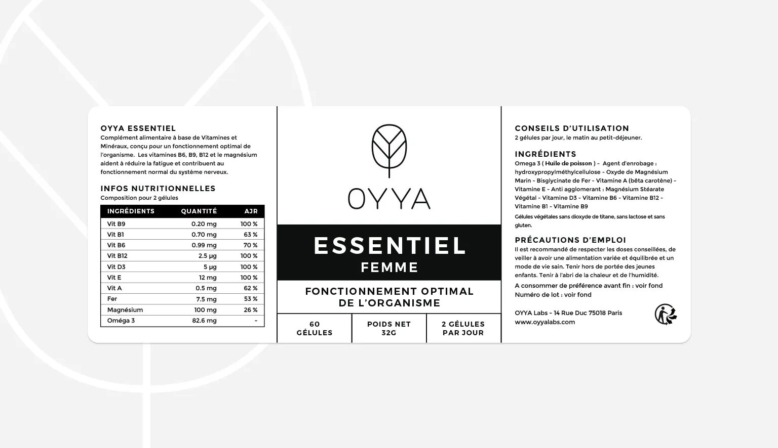 Étiquette packaging Oyya Essentiel Femme pour compléments alimentaires, avec informations nutritionnelles, conseils d’utilisation et ingrédients