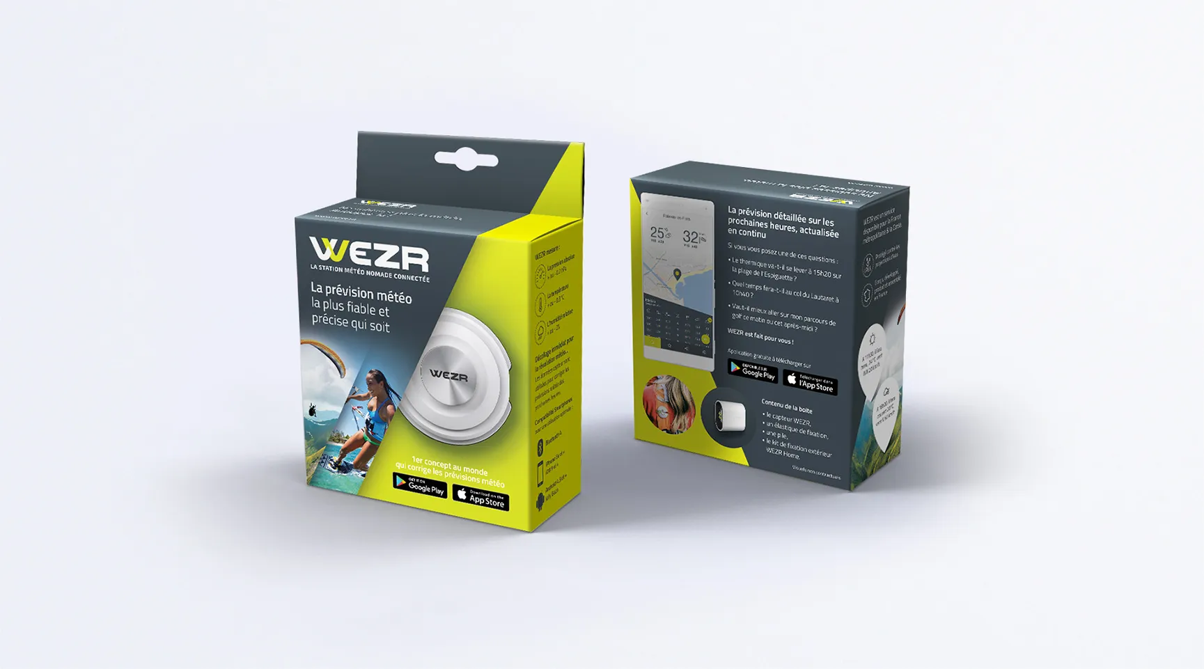 Packaging Wezr pour station météo nomade connectée, avec présentation du produit, application mobile et prévisions météo locales.