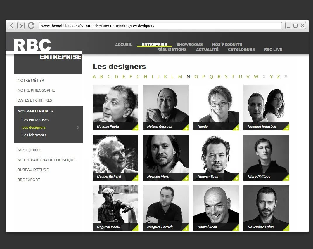 Page designers du site RBC Mobilier présentant une liste alphabétique de créateurs, portraits noir et blanc et navigation par partenaires design