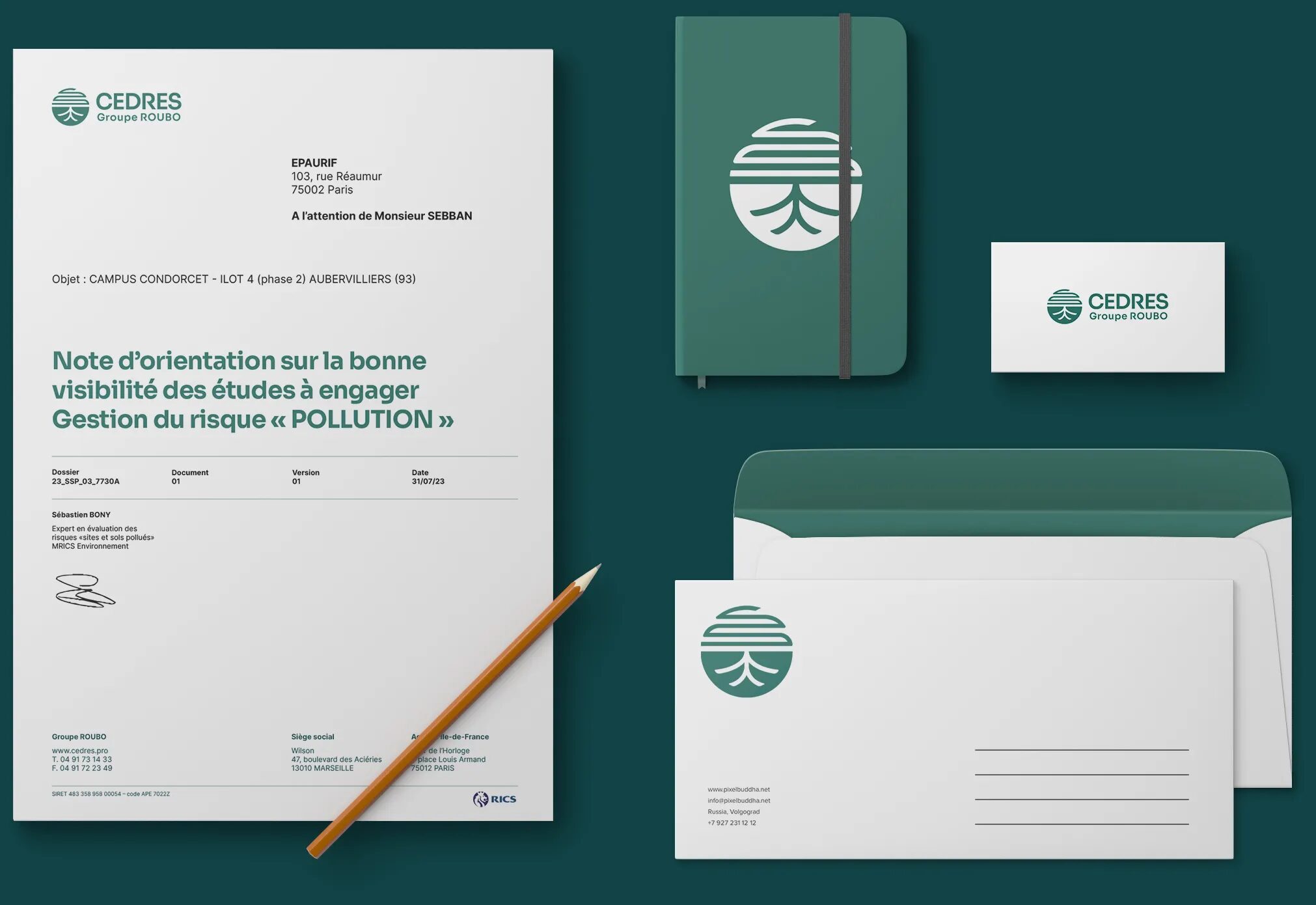 Papeterie Cèdres Groupe Roubo avec identité visuelle déclinée sur courrier officiel, carnet, carte de visite, enveloppe et supports de correspondance