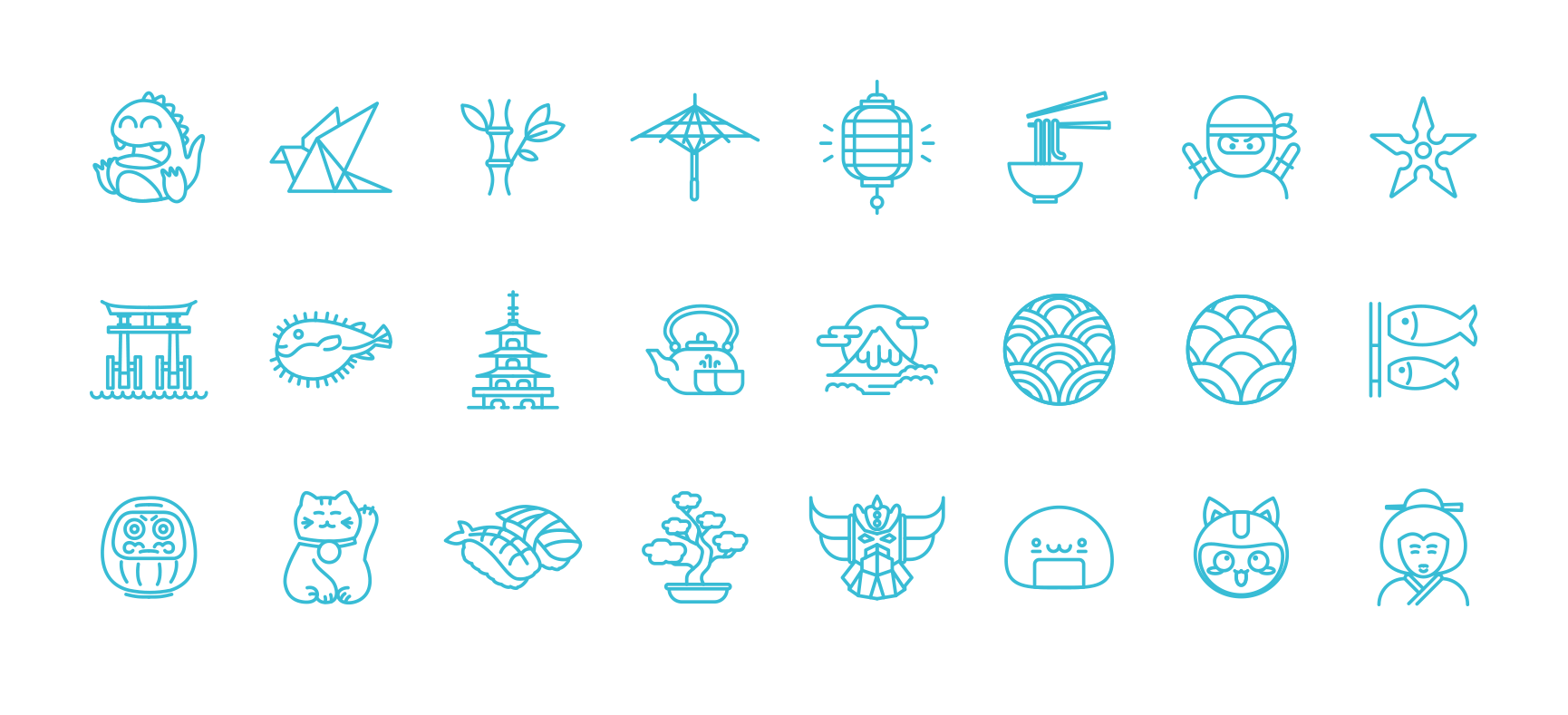 Pictogrammes japonais Go Sushi illustrant l’univers du restaurant avec sushi, ninja, origami, ramen, daruma et symboles traditionnels