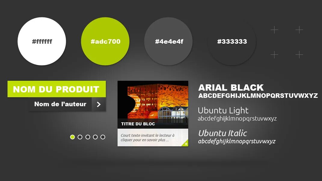 Planche graphique RBC Mobilier avec palette de couleurs, typographies, boutons d’interface et exemples de blocs de contenu pour catalogue design