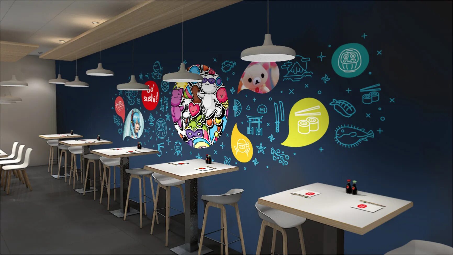 Salle intérieure du restaurant japonais Go Sushi avec fresque murale manga, pictogrammes japonais et décoration graphique colorée