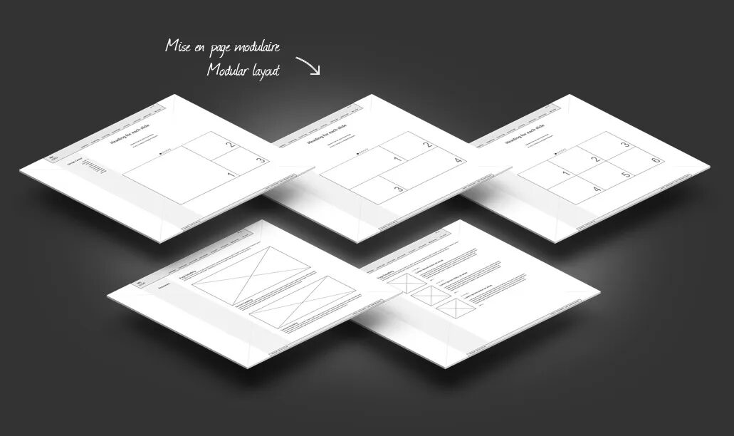 Schémas de mise en page modulaire RBC Mobilier, présentant des gabarits graphiques et principes de composition pour supports imprimés