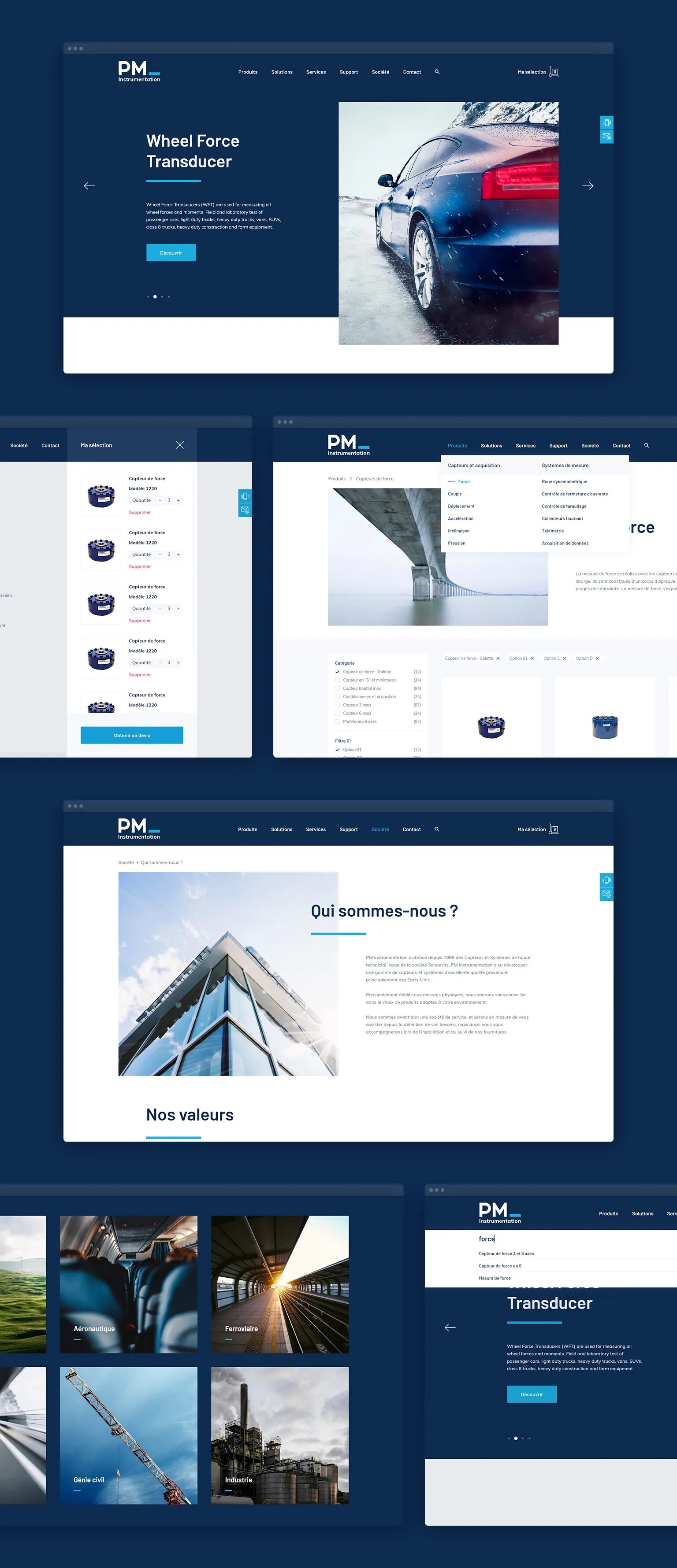 Interface du site PM Instrumentation présentant les capteurs de force, transducteurs de roue et solutions de mesure industrielle