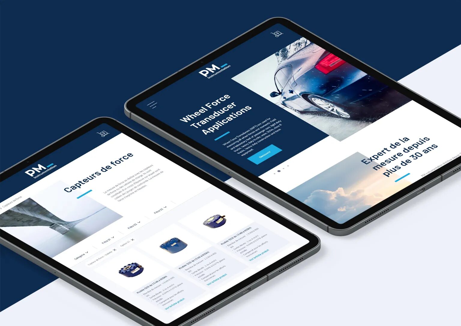 Site PM Instrumentation en version tablette présentant des capteurs de force et transducteurs de roue pour la mesure industrielle