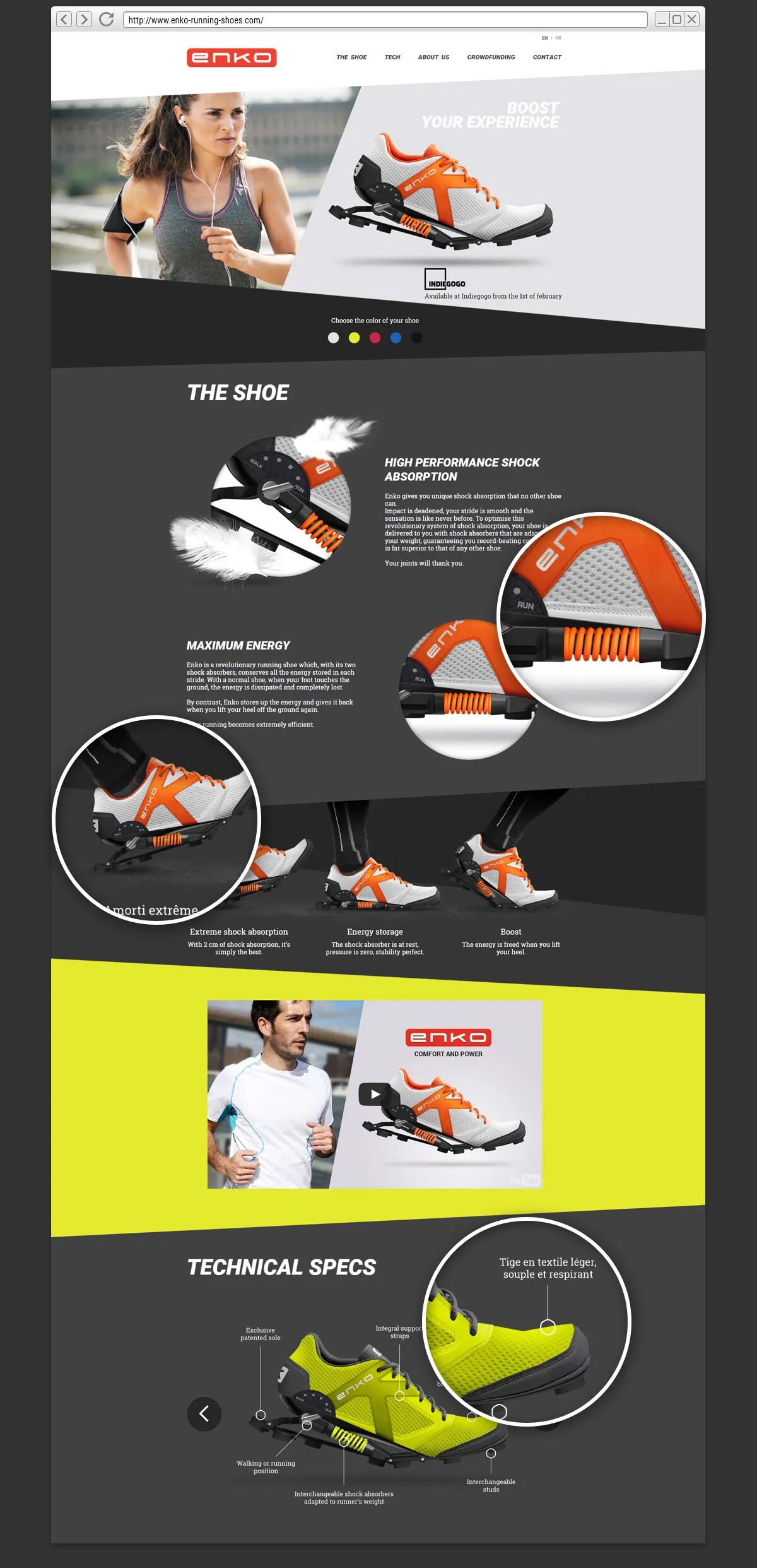 Visuel digital Enko présentant le site web responsive de la chaussure de running à amorti mécanique, affiché sur ordinateur portable et smartphone