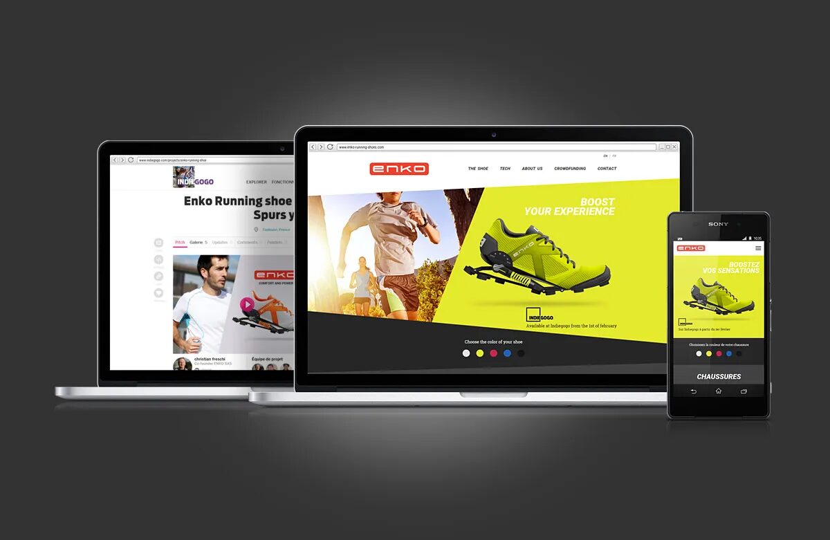 Visuel digital Enko présentant le site web responsive de la chaussure de running à amorti mécanique, affiché sur ordinateur portable et smartphone