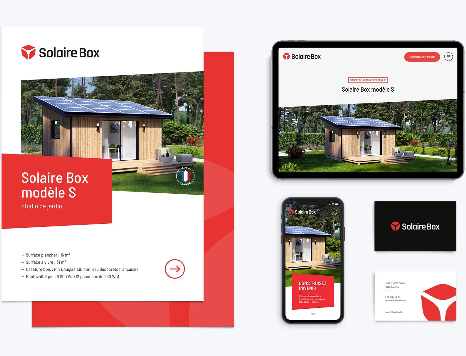 Présentation Solaire Box modèle S, avec supports print et digitaux montrant un studio de jardin écologique, site web responsive, carte de visite et identité visuelle