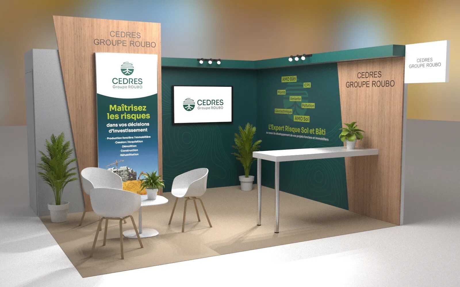 Stand événementiel Cèdres Groupe Roubo avec signalétique, écran de présentation, espace d’accueil et supports de communication sur les risques sol et bâti