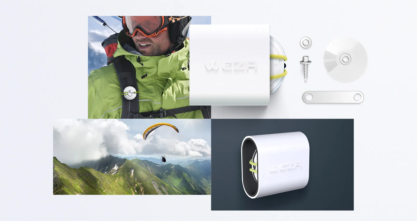 Station météo nomade connectée Wezr portée en montagne, avec vues produit, système de fixation et usage en parapente.