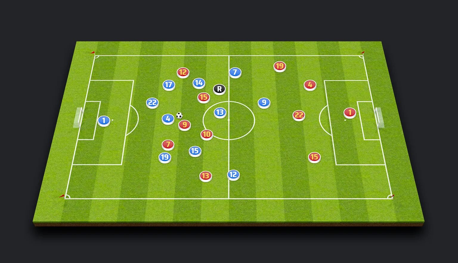 Visualisation 3D SkillCorner d’un terrain de football avec positions des joueurs, ballon et arbitre pour l’analyse tactique et le tracking sportif