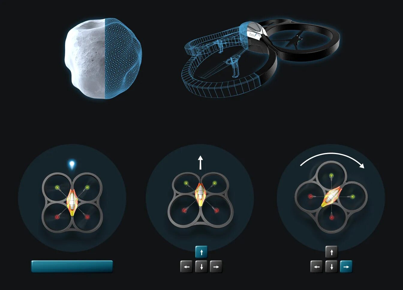 Visuel explicatif Fnac & Parrot pour l’AR.Drone, montrant la modélisation 3D du drone, un astéroïde et les commandes de pilotage en réalité augmentée