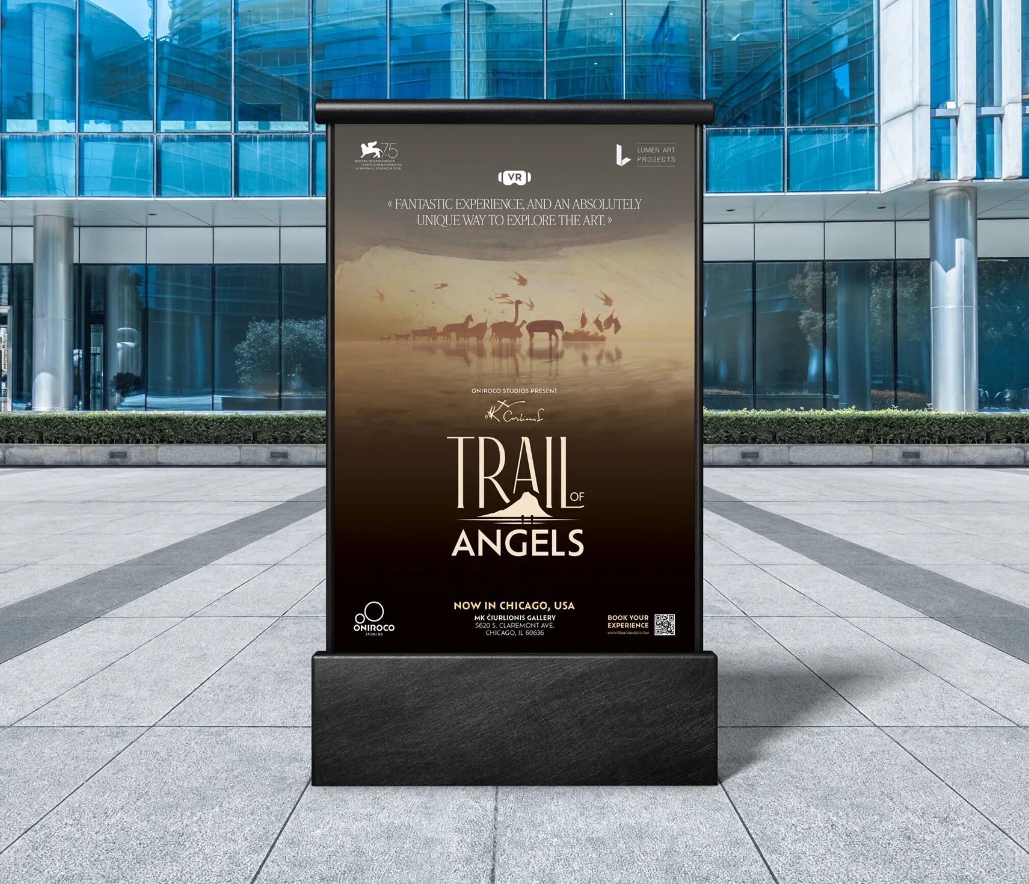 Visuel Trail of Angels pour expérience VR artistique, avec citation promotionnelle, logos de partenaires et scène onirique d’animaux au bord de l’eau