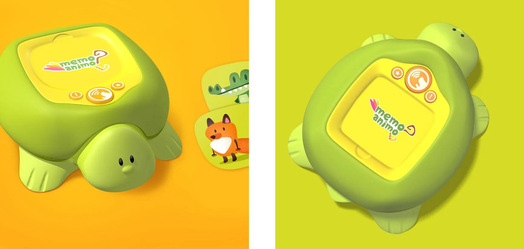 Visuels 3D Momo Animo montrant une tortue interactive verte avec écran tactile, logo intégré et cartes illustrées d’animaux