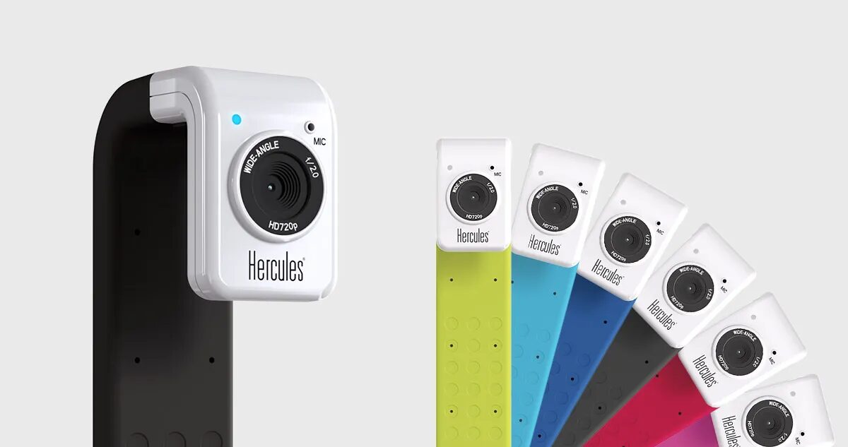 Webcam Hercules HD Twist avec objectif grand angle, micro intégré et support flexible décliné en plusieurs coloris