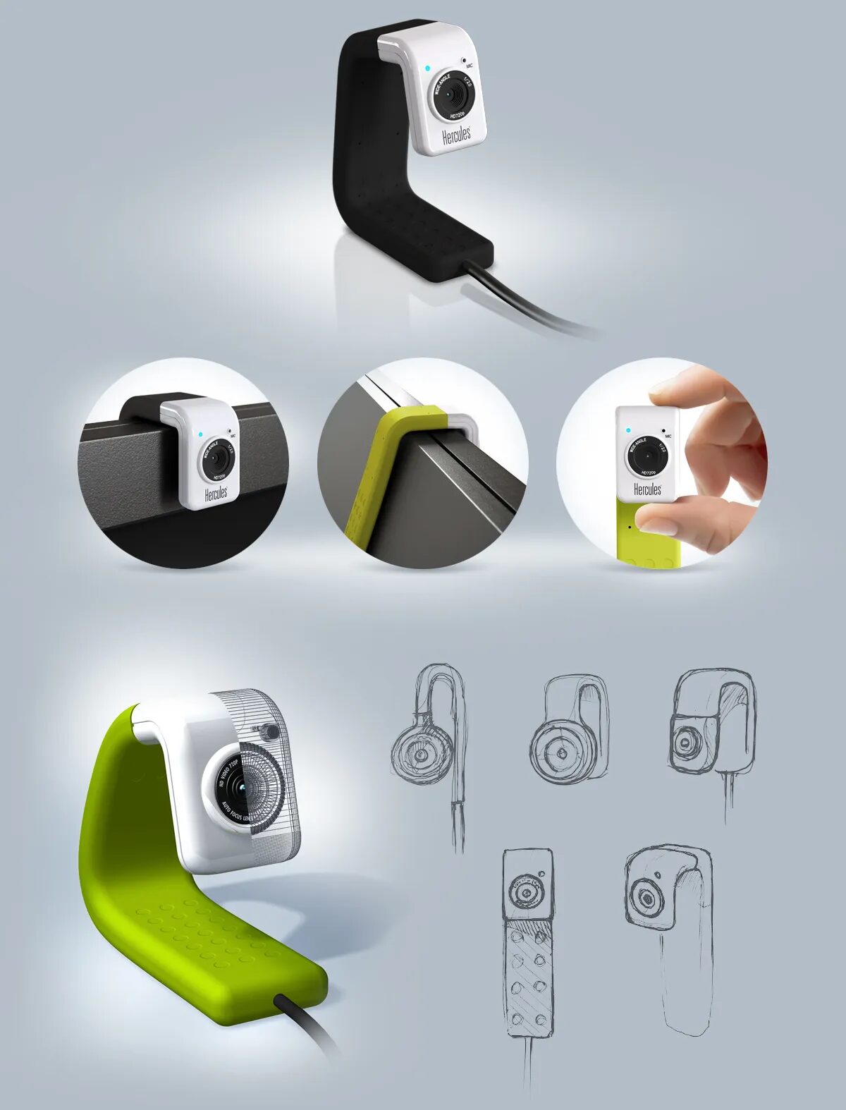 Webcam Hercules HD Twist avec support flexible, fixation sur écran et design compact coloré pour ordinateur