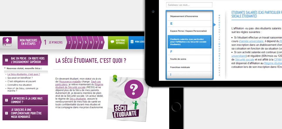 Conception application mobile LMDE - sécurité sociale étudiante parcours 8 étapes questions réponses outils par cubedesigners