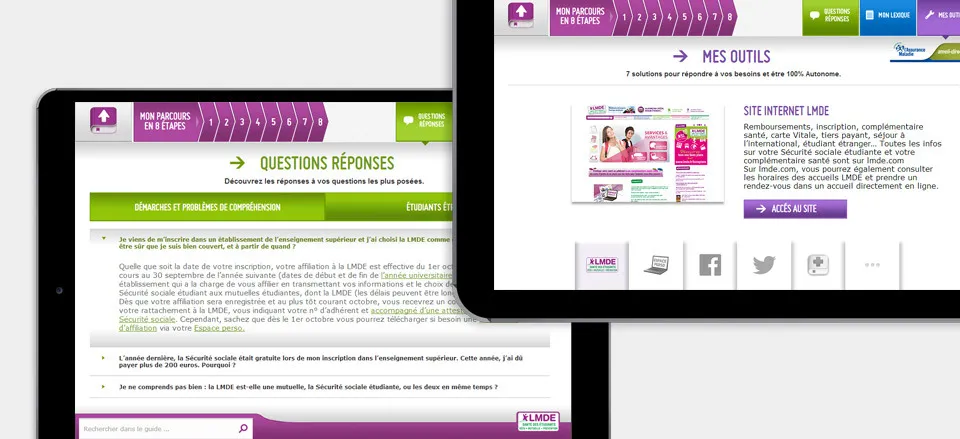 Conception application mobile LMDE - sécurité sociale étudiante parcours 8 étapes questions réponses outils par cubedesigners