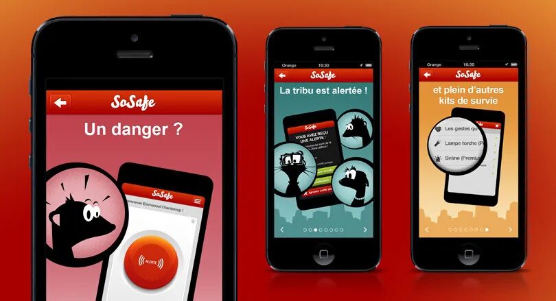 Conception application mobile SoSafe - bouton alerte danger tribu avertie kits survie lampe torche sirène par cubedesigners
