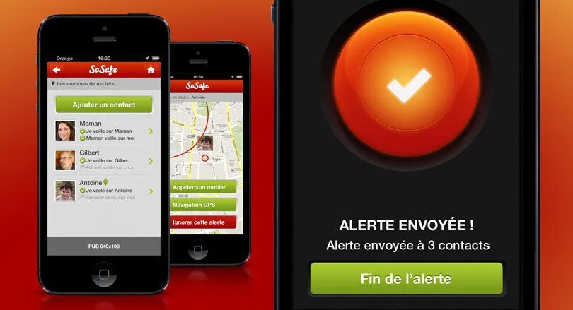 Conception application mobile SoSafe - géolocalisation contacts tribu alerte sécurité GPS iPhone par cubedesigners