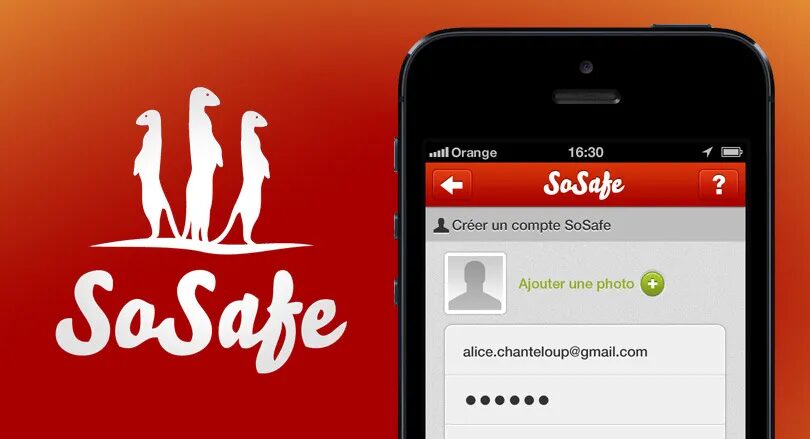 Conception application mobile SoSafe - logo suricates création compte sécurité iPhone interface par cubedesigners