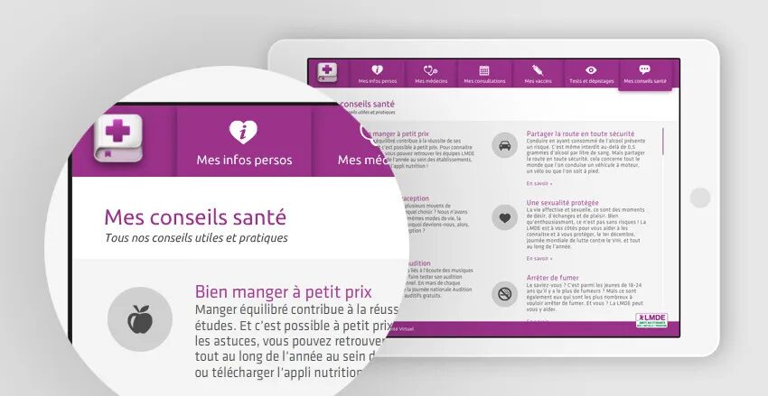 Conception application tablette LMDE - carnet de santé virtuel étudiant infos personnelles médecins consultations par cubedesigners