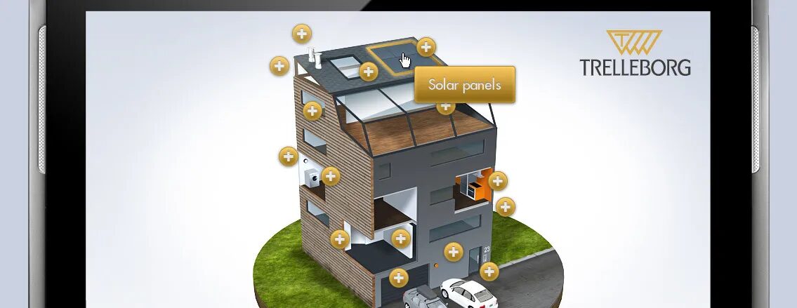 Application Trelleborg avec maison interactive et panneaux solaires.