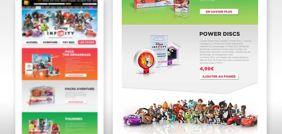 Conception boutique e-commerce Disney Infinity - packs démarrage Power Discs figurines personnages Disney Pixar par cubedesigners