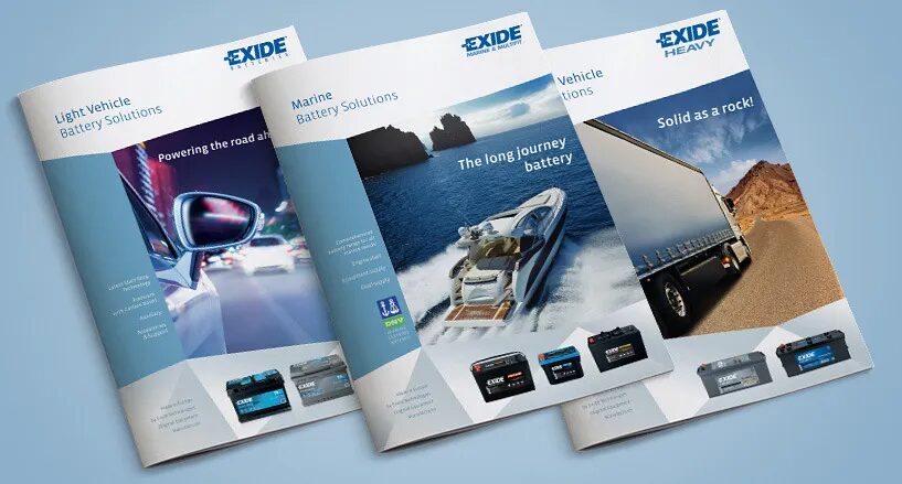 Création brochure catalogue Exide batteries powering the road ahead par cubedesigners