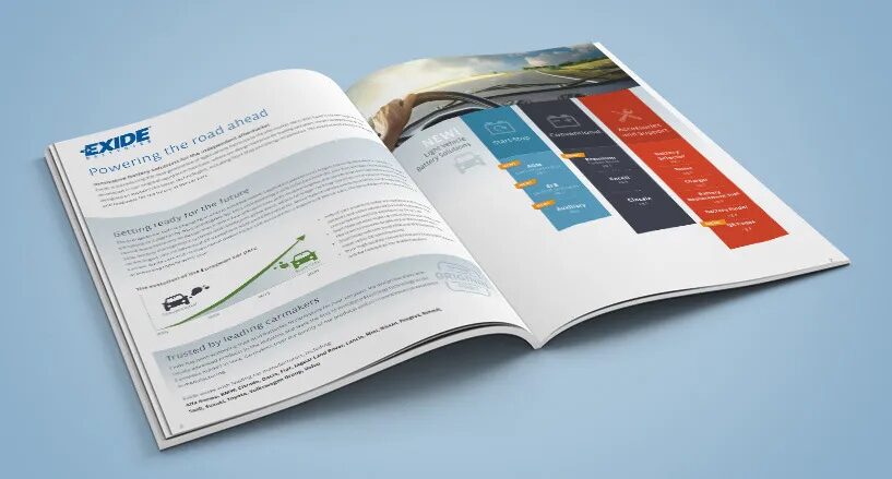 Création brochure catalogue Exide batteries powering the road ahead par cubedesigners