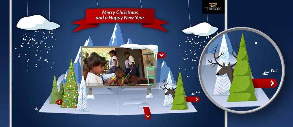 Conception carte de voeux interactive Trelleborg - animation Joyeux Noël Bonne Année univers hivernal 3D par cubedesigners