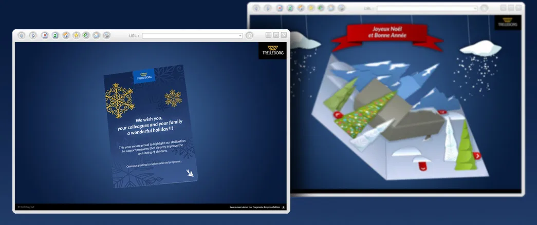 Conception carte de voeux interactive Trelleborg - animation Joyeux Noël Bonne Année univers hivernal 3D par cubedesigners
