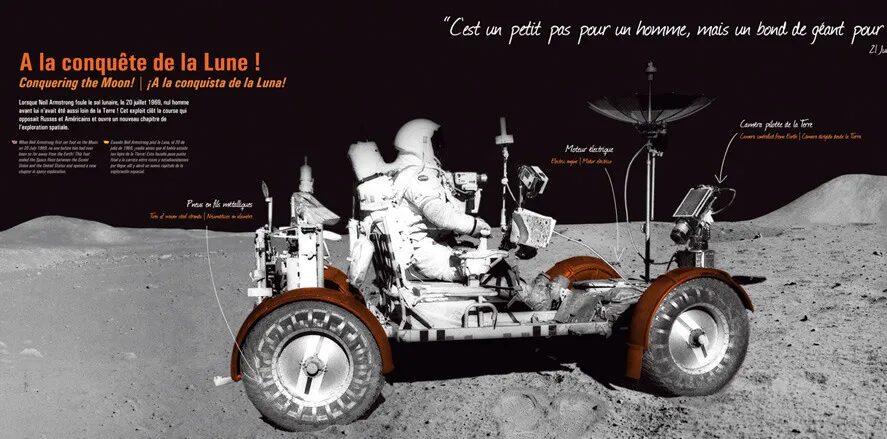 Conception panneau exposition Cité de l'Espace - conquête de la Lune rover lunaire Neil Armstrong Apollo par cubedesigners