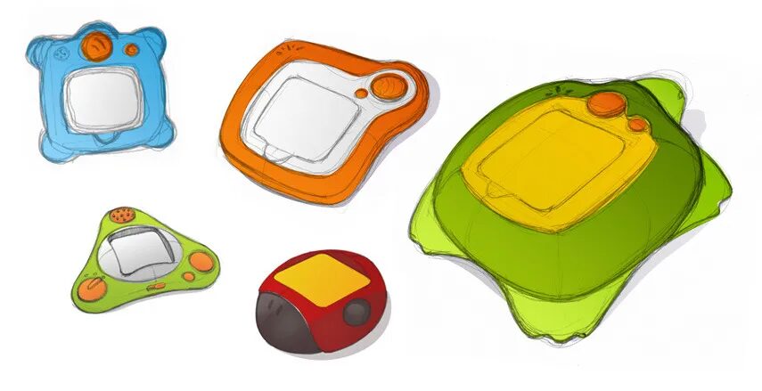Croquis de design produit pour tablette enfant interactive.