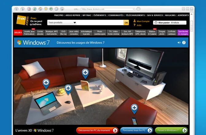 Conception expérience interactive 3D Windows 7 pour Fnac.com - univers salon connecté par cubedesigners