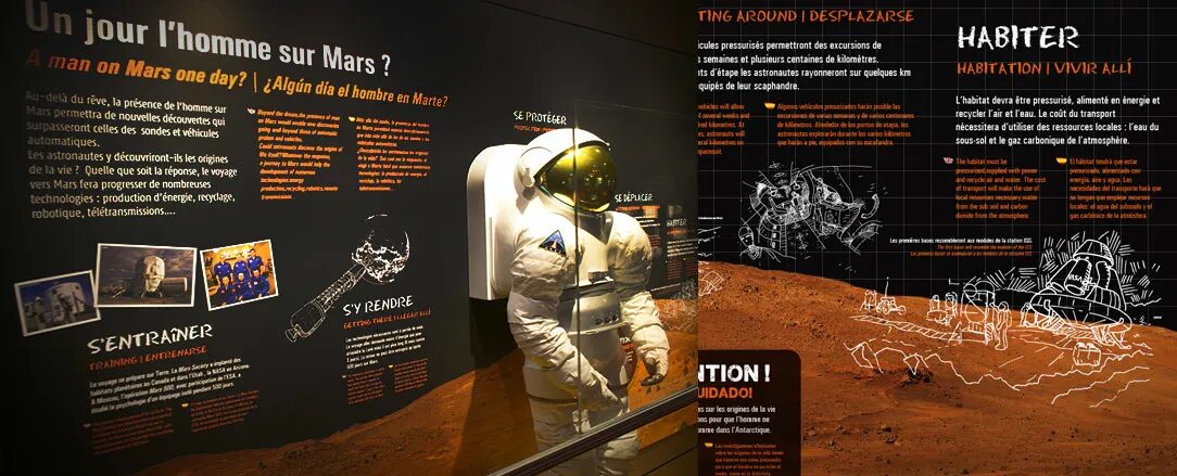 Conception scénographie exposition Cité de l'Espace - Un jour l'homme sur Mars combinaison spatiale astronaute par cubedesigners