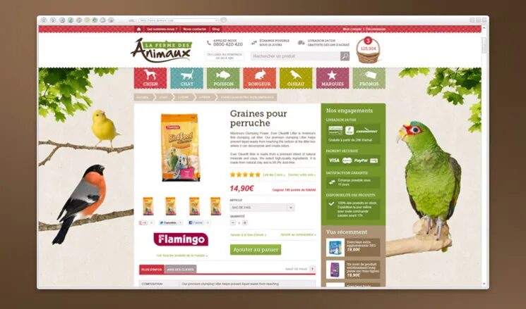 Conception fiche produit e-commerce La Ferme des Animaux - graines pour perruche Flamingo design oiseaux par cubedesigners
