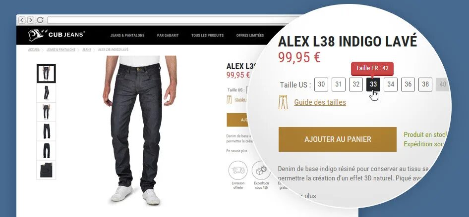 Création fiche produit jeans CUBJeans Alex L38 indigo lavé par cubedesigners