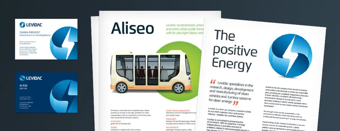 Conception identité visuelle et supports print Levidac - carte de visite brochure véhicule électrique Aliseo énergie propre par cubedesigners
